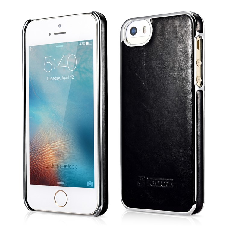 ICARER Retro Plating Genuine Leather Skin Hard Phone Case for iPhone SE/5s/5 - Black-1
