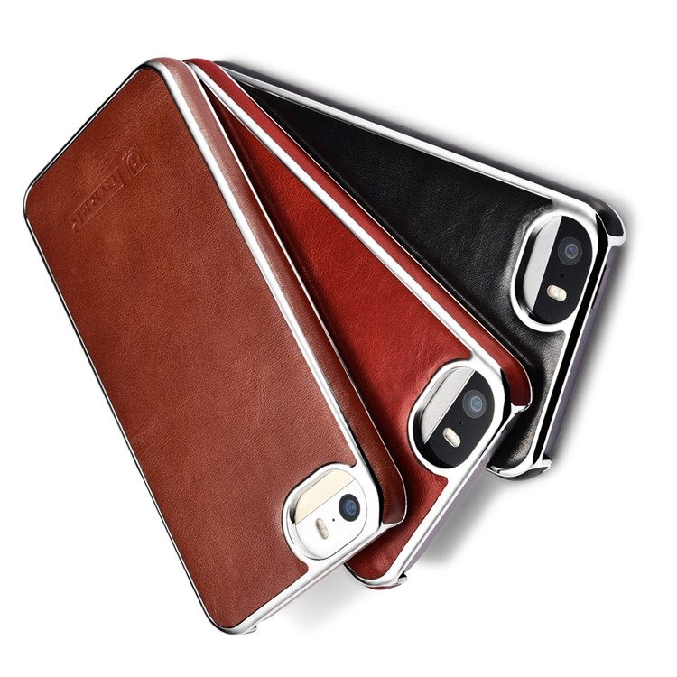 ICARER Retro Plating Genuine Leather Skin Hard Phone Case for iPhone SE/5s/5 - Black-2