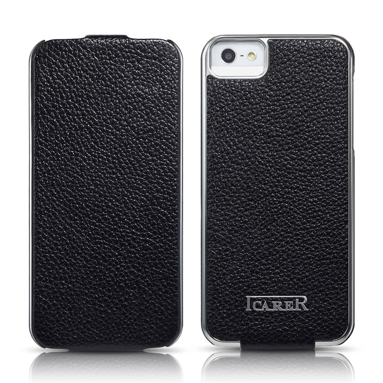 ICARER Plating Vertical Flip Genuine Leather Case for iPhone SE/5s/5 - Black-1
