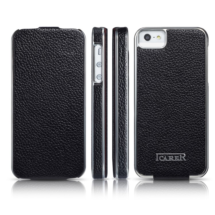 ICARER Plating Vertical Flip Genuine Leather Case for iPhone SE/5s/5 - Black-2