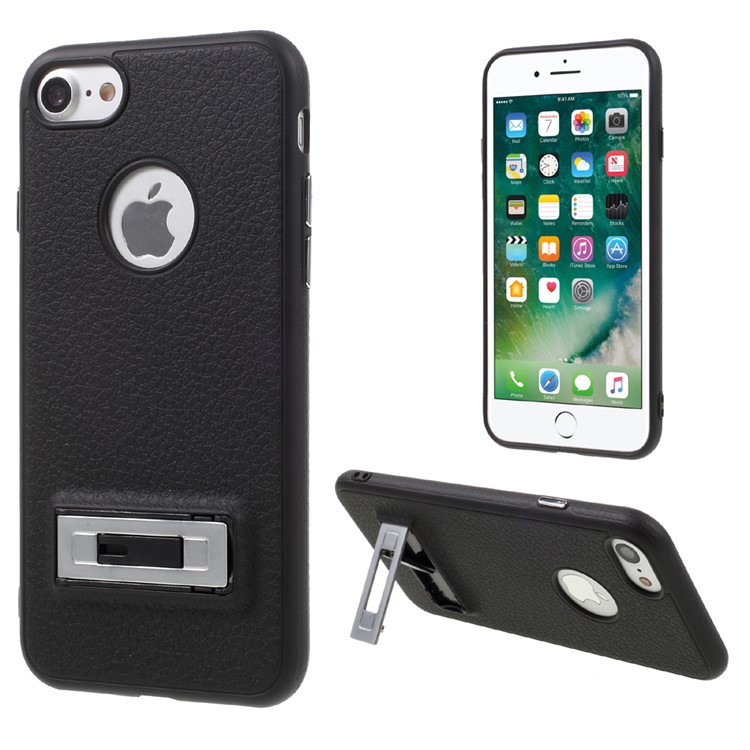 J-CASE for iPhone 7 4.7 inch Litchi Texture TPU Phone Case with Kickstand Built-in Magnetic Metal Sheet - Black-1
