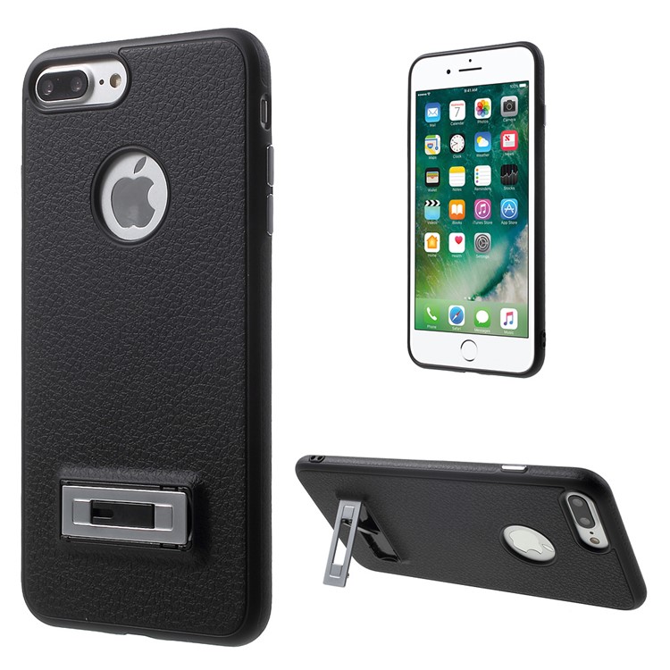 J-CASE for iPhone 7 Plus Litchi Texture TPU Phone Case with Kickstand Built-in Magnetic Metal Sheet - Black-1