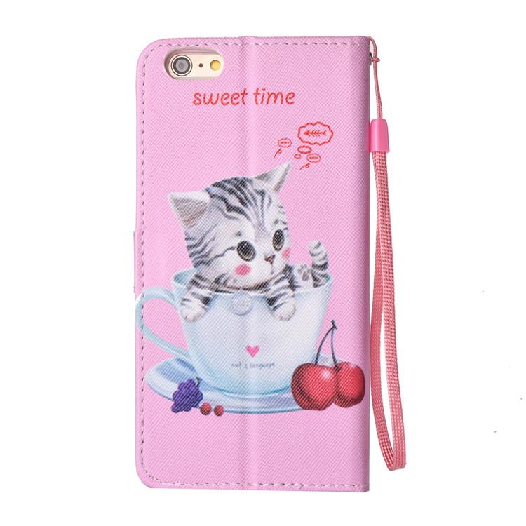 Patterned Magnetic Wallet Leather Phone Cover for iPhone 6s Plus/6 Plus with Lanyard - Cat in the Cup-2