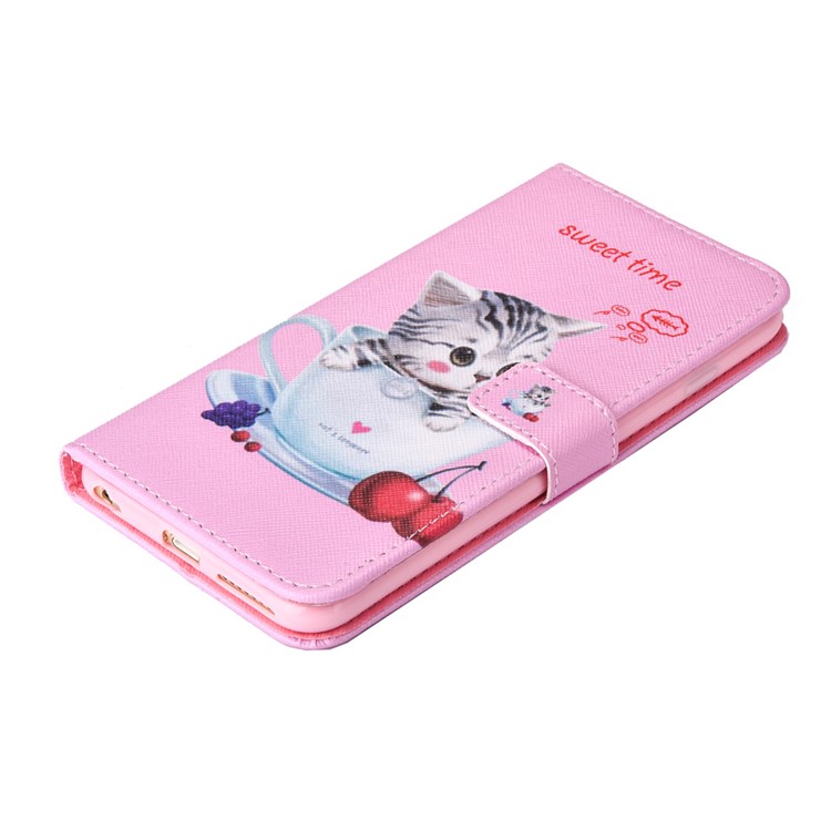 Patterned Magnetic Wallet Leather Phone Cover for iPhone 6s Plus/6 Plus with Lanyard - Cat in the Cup-3
