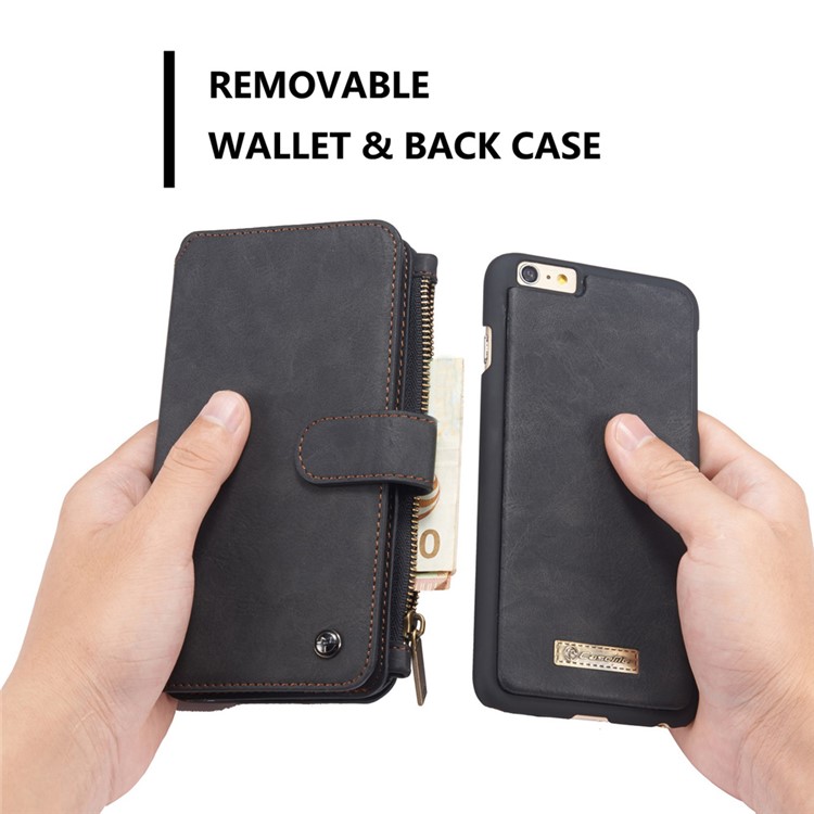 CASEME 2-en-1 Détachable Fentes De Portefeuille Véritable Split Étui En Cuir Pour Iphone 6s 6 - Noir-11