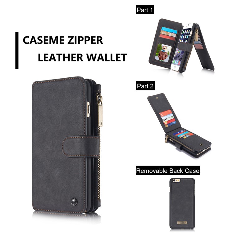 CASEME 2-en-1 Détachable Fentes De Portefeuille Véritable Split Étui En Cuir Pour Iphone 6s 6 - Noir-12