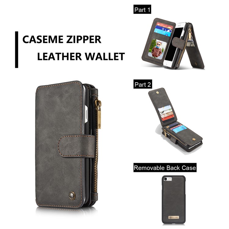 CASEME pour iPhone 8 Plus / 7 2-In-1 Multi-slot Split Leather Wallet Magnetic Case avec housse intérieure détachable - Noir-14