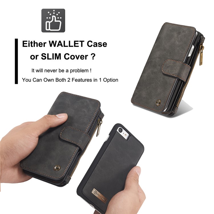 CASEME pour iPhone 8 Plus / 7 2-In-1 Multi-slot Split Leather Wallet Magnetic Case avec housse intérieure détachable - Noir-16