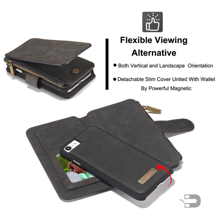 CASEME pour iPhone 8 Plus / 7 2-In-1 Multi-slot Split Leather Wallet Magnetic Case avec housse intérieure détachable - Noir-17