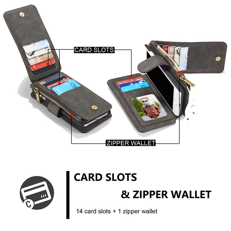 CASEME pour iPhone 8 Plus / 7 2-In-1 Multi-slot Split Leather Wallet Magnetic Case avec housse intérieure détachable - Noir-6