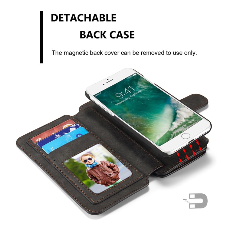 CASEME pour iPhone 8 Plus / 7 2-In-1 Multi-slot Split Leather Wallet Magnetic Case avec housse intérieure détachable - Noir-9