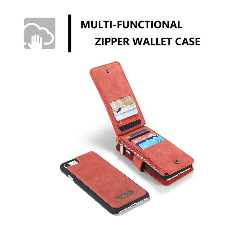 CASEME Para Iphone 8 Plus / 7 2-em-1 Caixa De Couro Magnética Multi-slot Split Wallet Com Tampa Interna Destacável - Vermelho-10