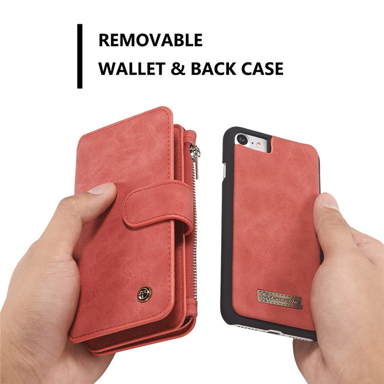 CASEME Para Iphone 8 Plus / 7 2-em-1 Caixa De Couro Magnética Multi-slot Split Wallet Com Tampa Interna Destacável - Vermelho-11