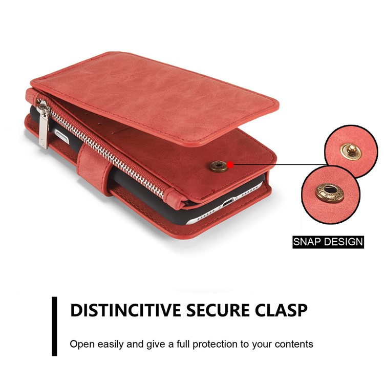 CASEME Para Iphone 8 Plus / 7 2-em-1 Caixa De Couro Magnética Multi-slot Split Wallet Com Tampa Interna Destacável - Vermelho-13