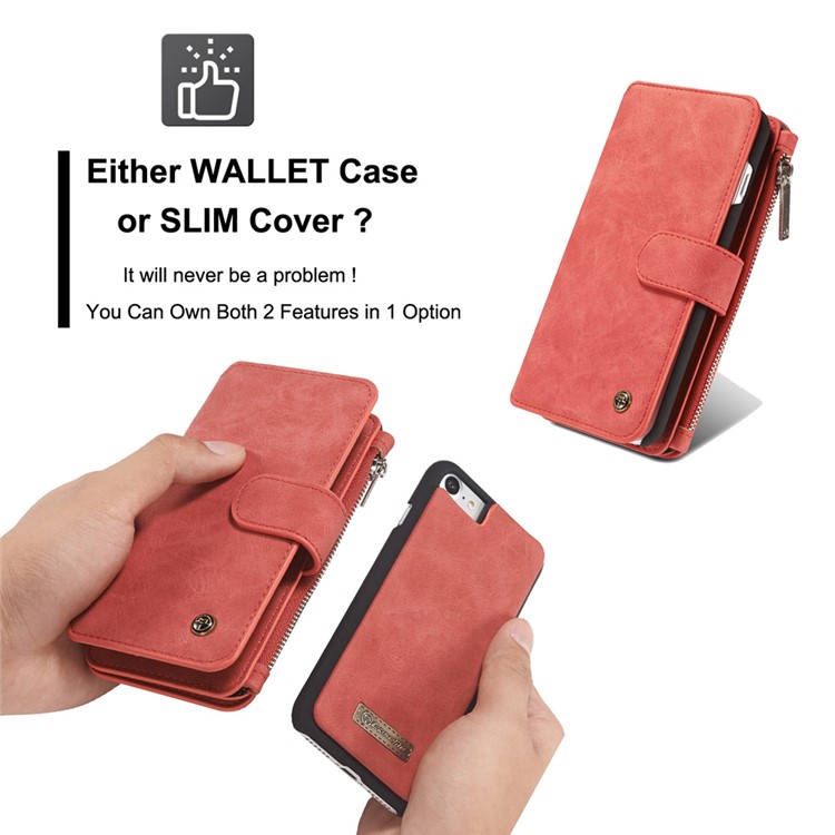 CASEME Para Iphone 8 Plus / 7 2-em-1 Caixa De Couro Magnética Multi-slot Split Wallet Com Tampa Interna Destacável - Vermelho-14