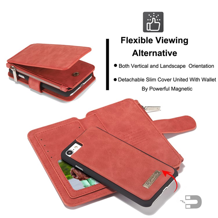 CASEME Para Iphone 8 Plus / 7 2-em-1 Caixa De Couro Magnética Multi-slot Split Wallet Com Tampa Interna Destacável - Vermelho-15