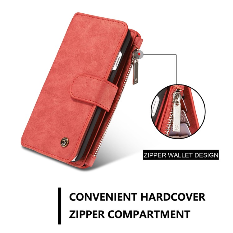 CASEME Para Iphone 8 Plus / 7 2-em-1 Caixa De Couro Magnética Multi-slot Split Wallet Com Tampa Interna Destacável - Vermelho-4