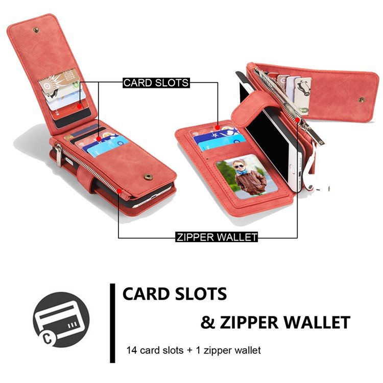 CASEME Para Iphone 8 Plus / 7 2-em-1 Caixa De Couro Magnética Multi-slot Split Wallet Com Tampa Interna Destacável - Vermelho-5