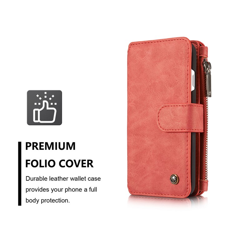 CASEME Para Iphone 8 Plus / 7 2-em-1 Caixa De Couro Magnética Multi-slot Split Wallet Com Tampa Interna Destacável - Vermelho-6