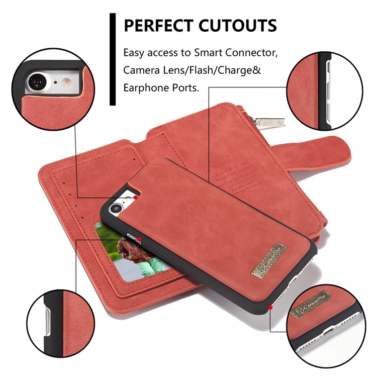 CASEME Para Iphone 8 Plus / 7 2-em-1 Caixa De Couro Magnética Multi-slot Split Wallet Com Tampa Interna Destacável - Vermelho-7
