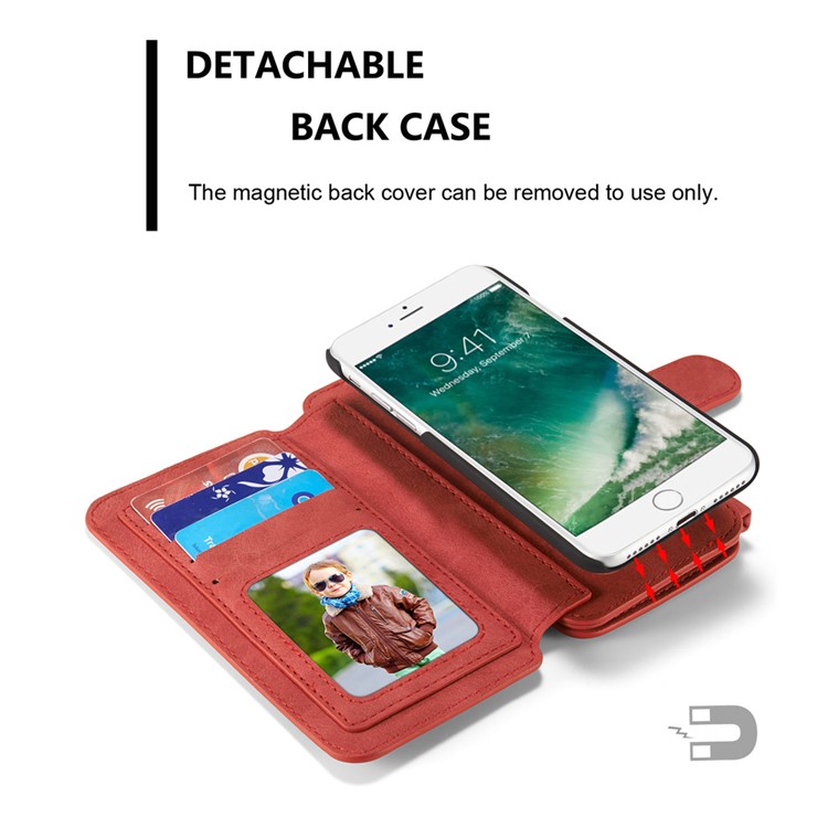 CASEME Para Iphone 8 Plus / 7 2-em-1 Caixa De Couro Magnética Multi-slot Split Wallet Com Tampa Interna Destacável - Vermelho-8