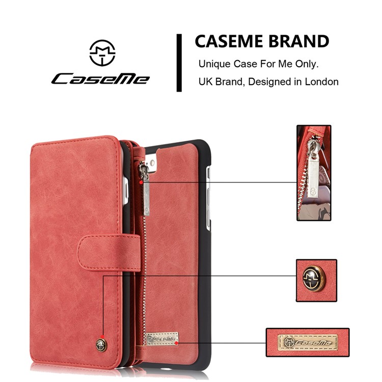 CASEME Para Iphone 8 Plus / 7 2-em-1 Caixa De Couro Magnética Multi-slot Split Wallet Com Tampa Interna Destacável - Vermelho-9