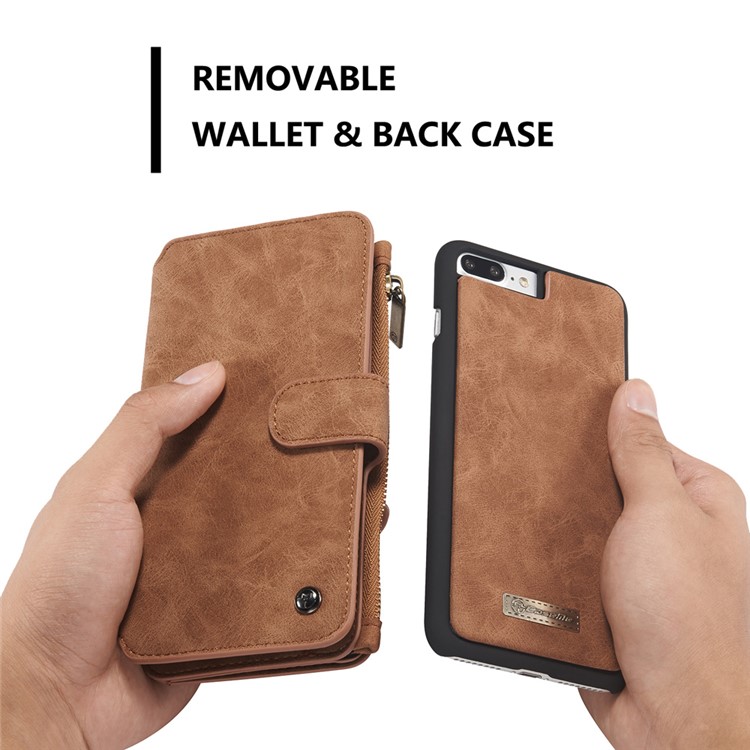 CASEME para iPhone 8 Plus / 7 Plus 2-em-1 Multi-slot Split Leather Wallet Magnetic Cellular Shell Casing com tampa interna destacável - Castanho-10