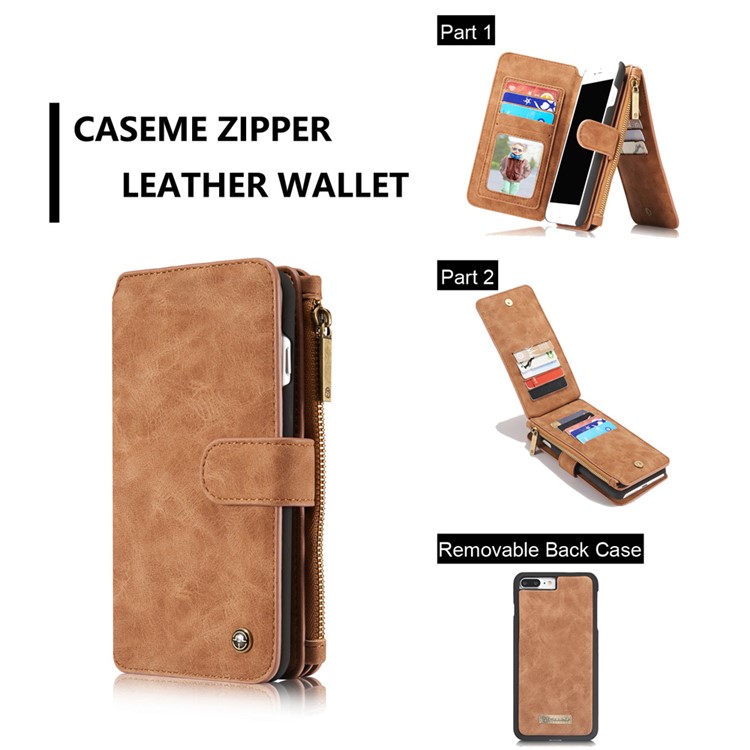 CASEME para iPhone 8 Plus / 7 Plus 2-em-1 Multi-slot Split Leather Wallet Magnetic Cellular Shell Casing com tampa interna destacável - Castanho-11
