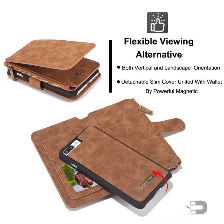 CASEME para iPhone 8 Plus / 7 Plus 2-em-1 Multi-slot Split Leather Wallet Magnetic Cellular Shell Casing com tampa interna destacável - Castanho-13