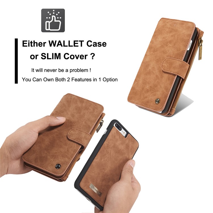 CASEME para iPhone 8 Plus / 7 Plus 2-em-1 Multi-slot Split Leather Wallet Magnetic Cellular Shell Casing com tampa interna destacável - Castanho-14