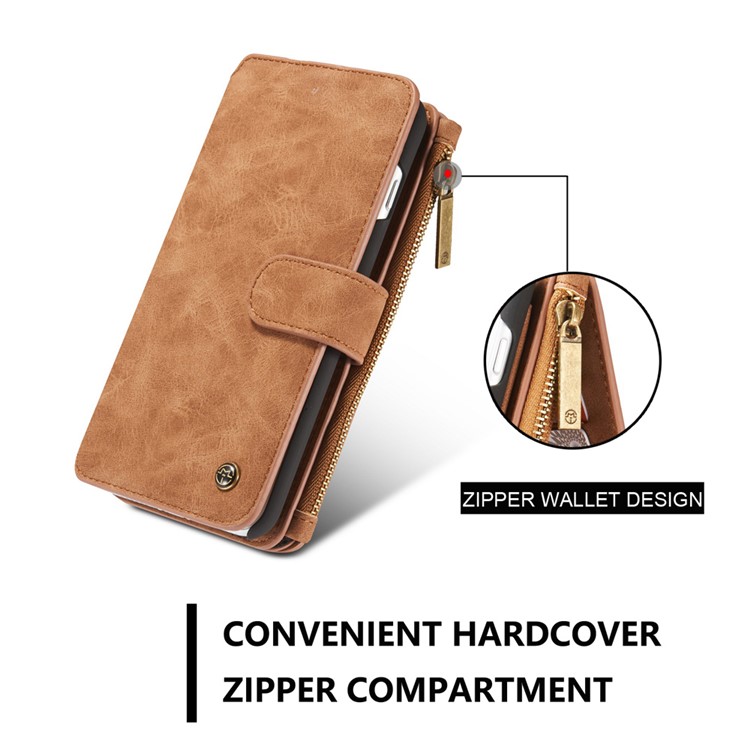 CASEME para iPhone 8 Plus / 7 Plus 2-em-1 Multi-slot Split Leather Wallet Magnetic Cellular Shell Casing com tampa interna destacável - Castanho-4