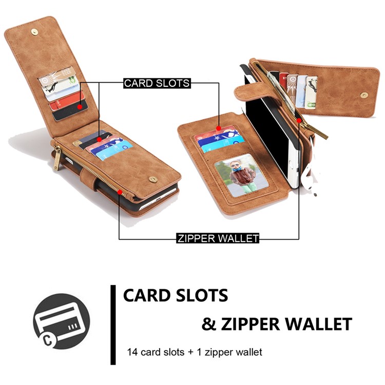 CASEME para iPhone 8 Plus / 7 Plus 2-em-1 Multi-slot Split Leather Wallet Magnetic Cellular Shell Casing com tampa interna destacável - Castanho-5