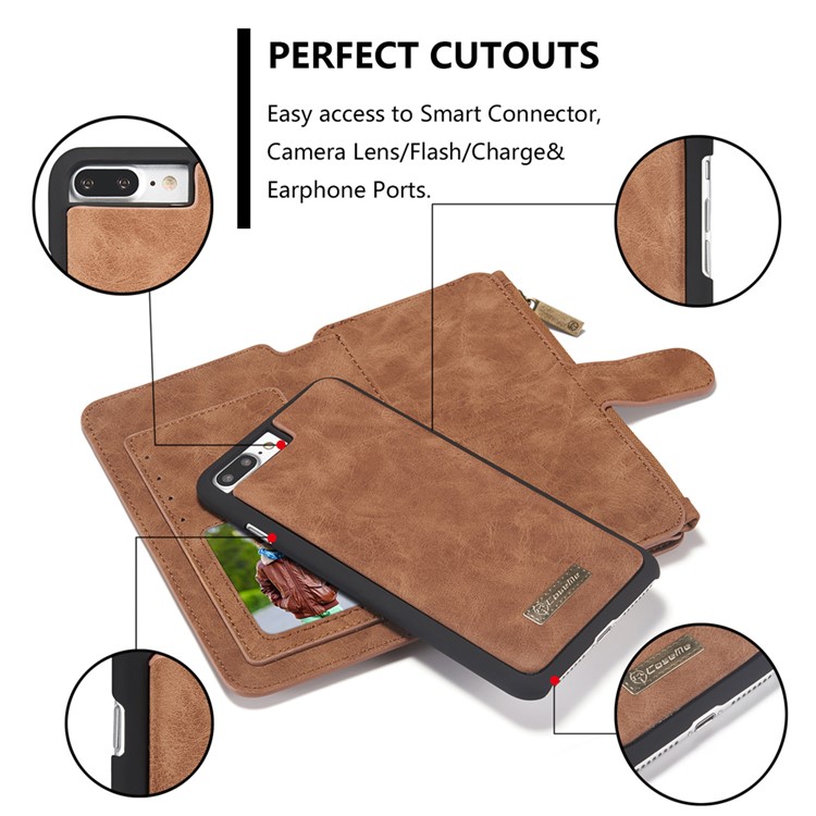 CASEME para iPhone 8 Plus / 7 Plus 2-em-1 Multi-slot Split Leather Wallet Magnetic Cellular Shell Casing com tampa interna destacável - Castanho-7