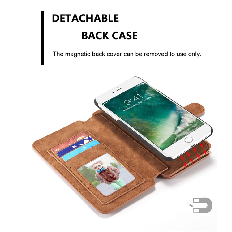 CASEME para iPhone 8 Plus / 7 Plus 2-em-1 Multi-slot Split Leather Wallet Magnetic Cellular Shell Casing com tampa interna destacável - Castanho-8