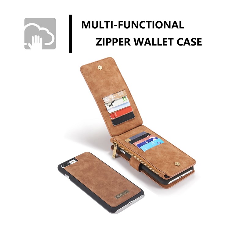 CASEME para iPhone 8 Plus / 7 Plus 2-em-1 Multi-slot Split Leather Wallet Magnetic Cellular Shell Casing com tampa interna destacável - Castanho-9