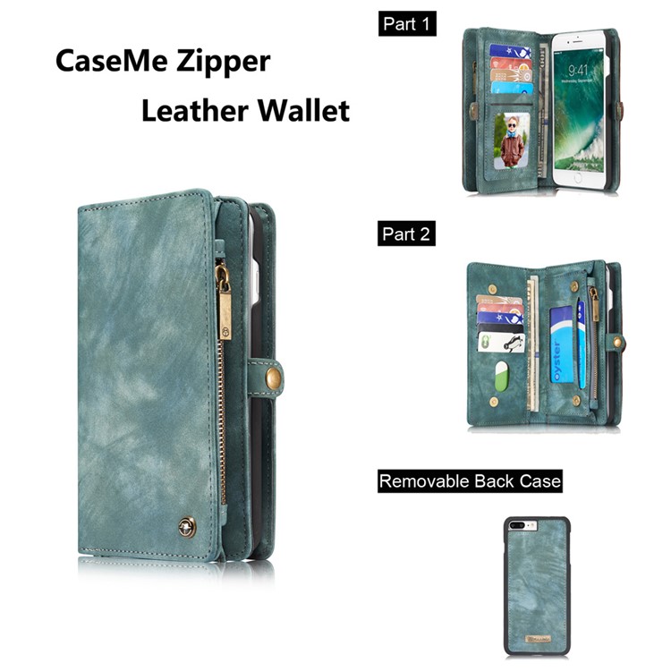 CASEME para iPhone 8 Plus / 7 Plus Destacável 2-em-1 Multi-slot Wallet Split Leather Phone Shell - azul-12