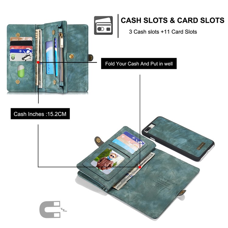CASEME para iPhone 8 Plus / 7 Plus Destacável 2-em-1 Multi-slot Wallet Split Leather Phone Shell - azul-13
