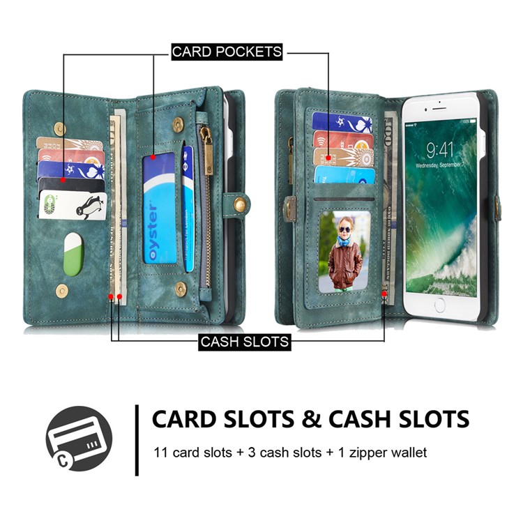 CASEME para iPhone 8 Plus / 7 Plus Destacável 2-em-1 Multi-slot Wallet Split Leather Phone Shell - azul-4