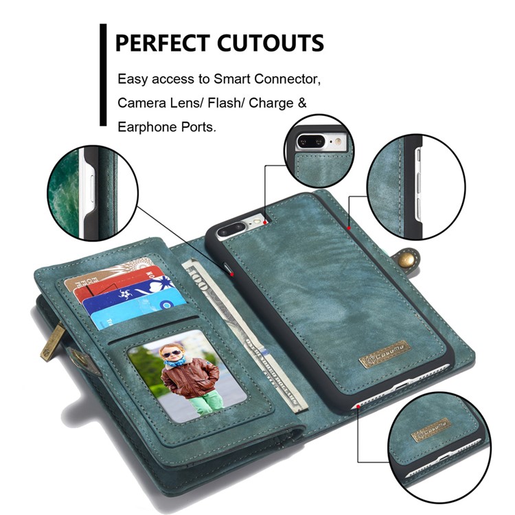 CASEME para iPhone 8 Plus / 7 Plus Destacável 2-em-1 Multi-slot Wallet Split Leather Phone Shell - azul-6
