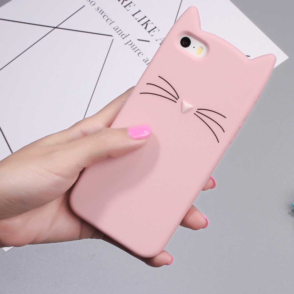 3D Bearded Cat Silicone Soft Cell Phone Cover for iPhone SE 5s 5 - Pink-3