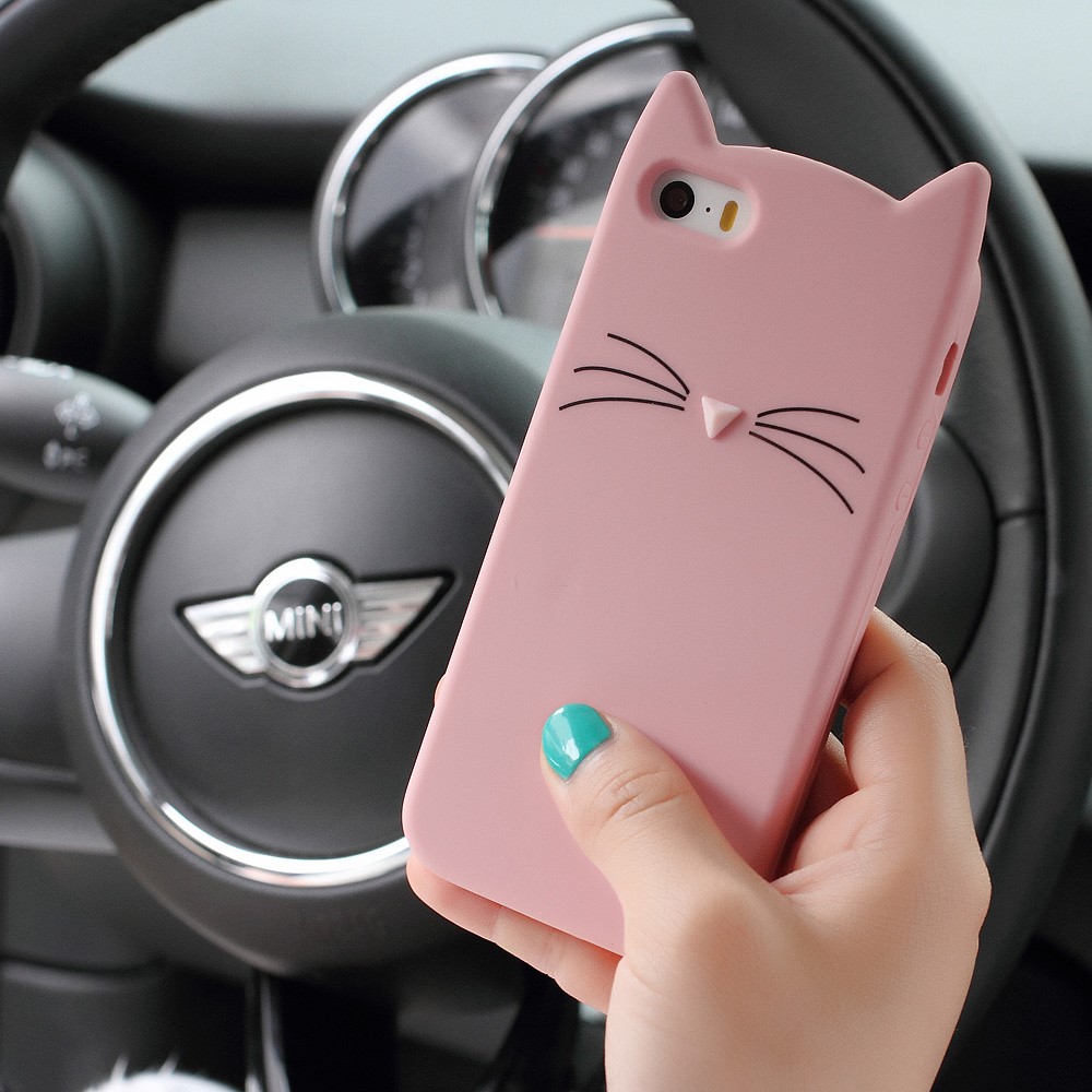 Cubierta Del Teléfono Celular Suave Del Silicón Del Gato Barbudo 3D Para IPhone SE 5S 5 - Rosa-5