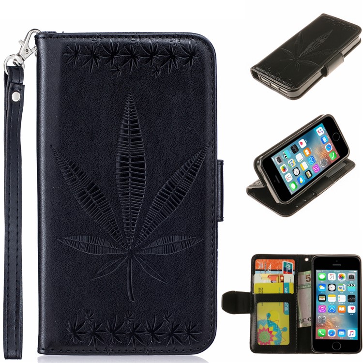 Imprinted Leaves Phone Case Leather Wallet with Wrist Strap for iPhone SE/5s/5 - Black-1