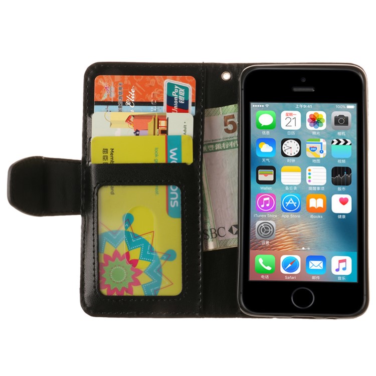 Imprinted Leaves Phone Case Leather Wallet with Wrist Strap for iPhone SE/5s/5 - Black-10