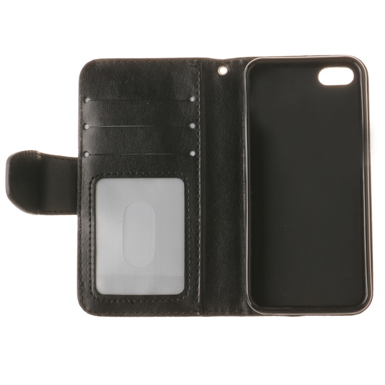 Imprinted Leaves Phone Case Leather Wallet with Wrist Strap for iPhone SE/5s/5 - Black-11