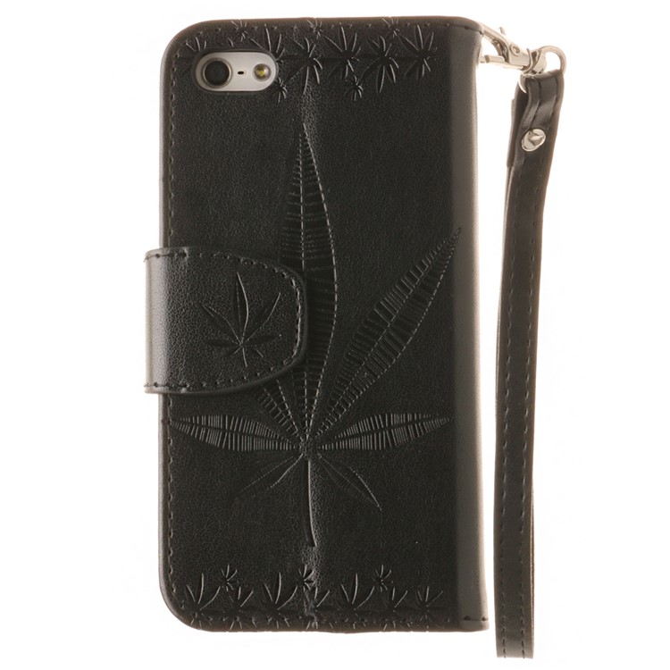Imprinted Leaves Phone Case Leather Wallet with Wrist Strap for iPhone SE/5s/5 - Black-3