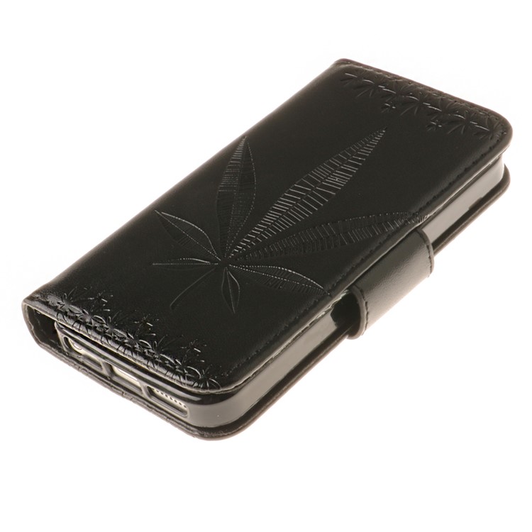 Imprinted Leaves Phone Case Leather Wallet with Wrist Strap for iPhone SE/5s/5 - Black-4
