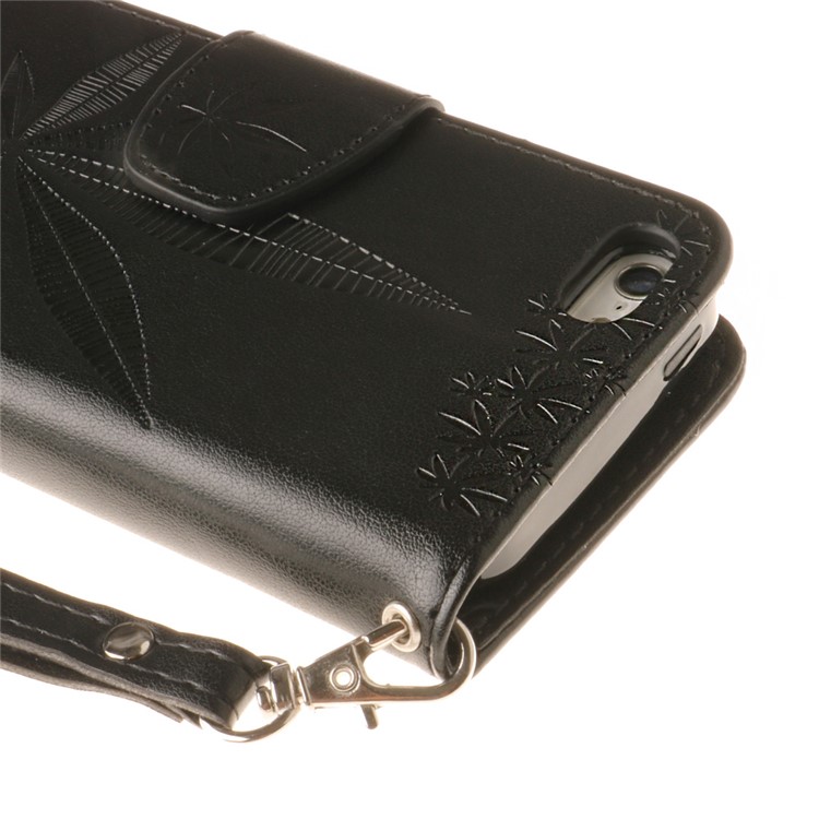 Imprinted Leaves Phone Case Leather Wallet with Wrist Strap for iPhone SE/5s/5 - Black-6