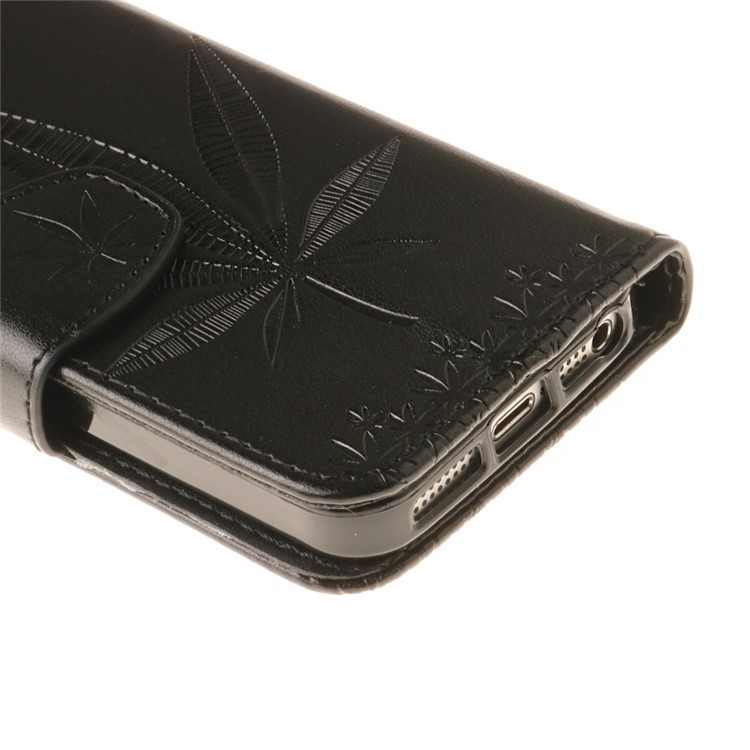 Imprinted Leaves Phone Case Leather Wallet with Wrist Strap for iPhone SE/5s/5 - Black-7