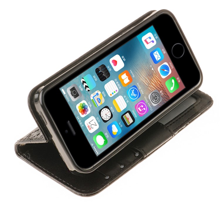 Imprinted Leaves Phone Case Leather Wallet with Wrist Strap for iPhone SE/5s/5 - Black-8