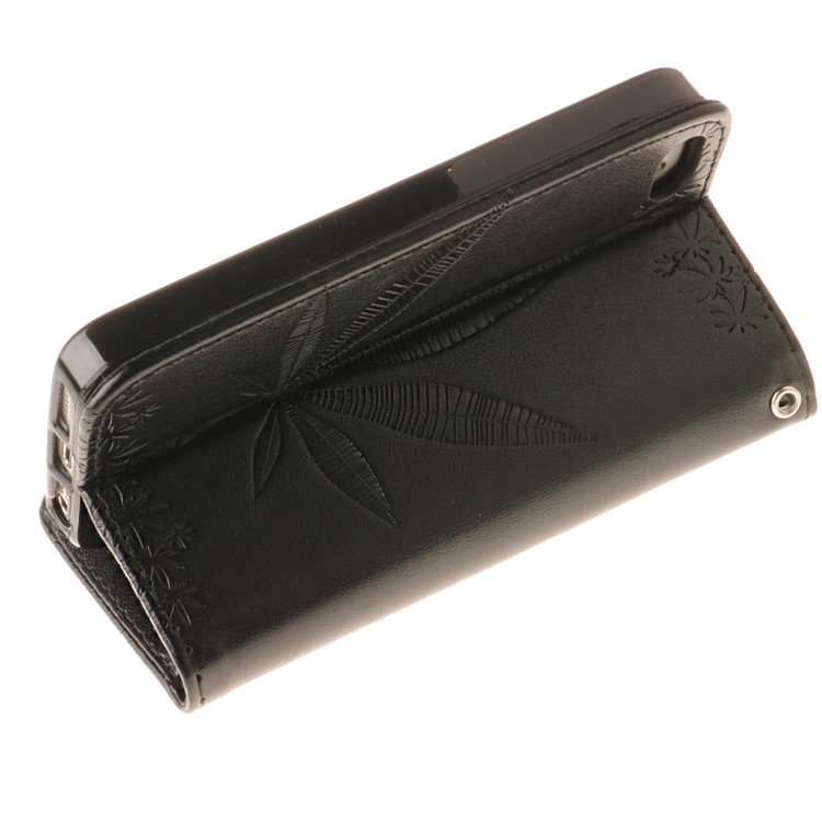 Imprinted Leaves Phone Case Leather Wallet with Wrist Strap for iPhone SE/5s/5 - Black-9